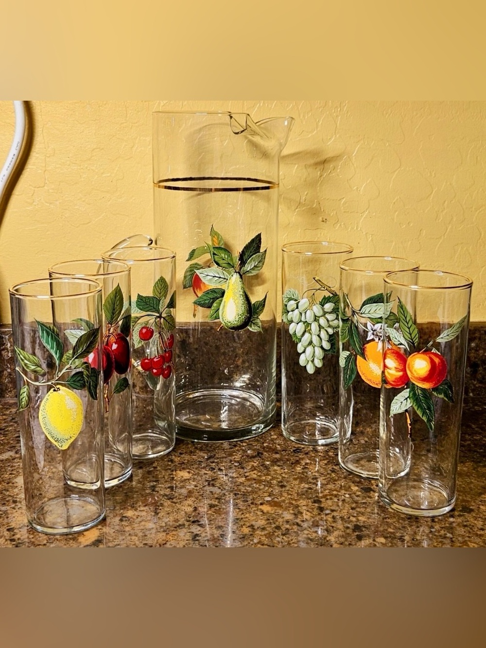 Vintage West Virginia Glass Iced Tea Pitcher and 6 tall glasses Painted Fruit